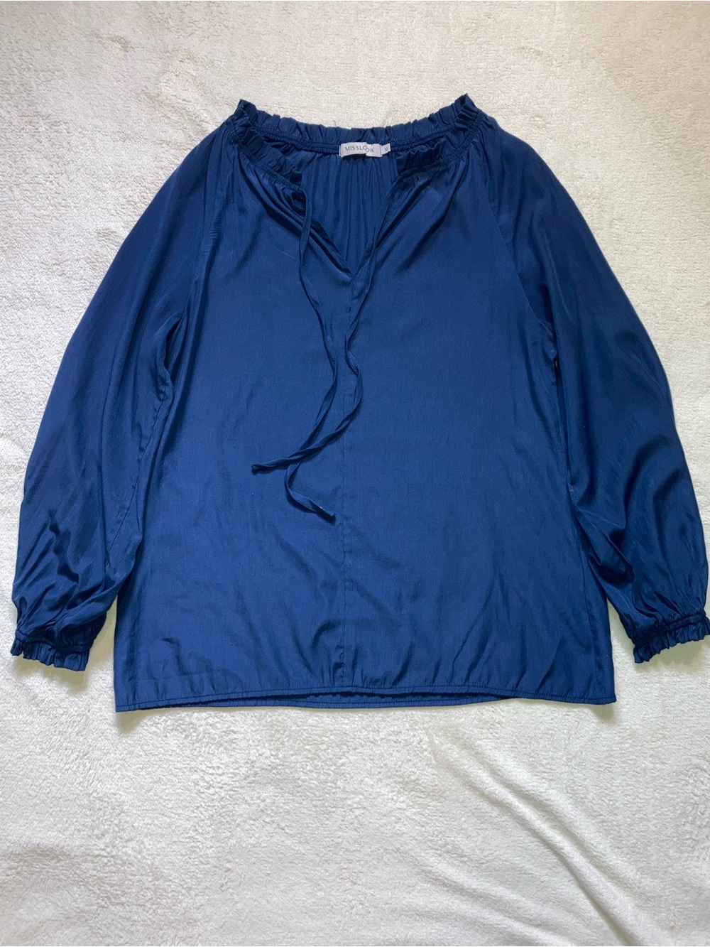 MISSLOOK Navy Blue Peasant Blouse with Tie Neck